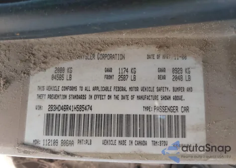 2001 Dodge Intrepid Se z USA, uszkodzony, nr VIN 2B3HD46R41H585474